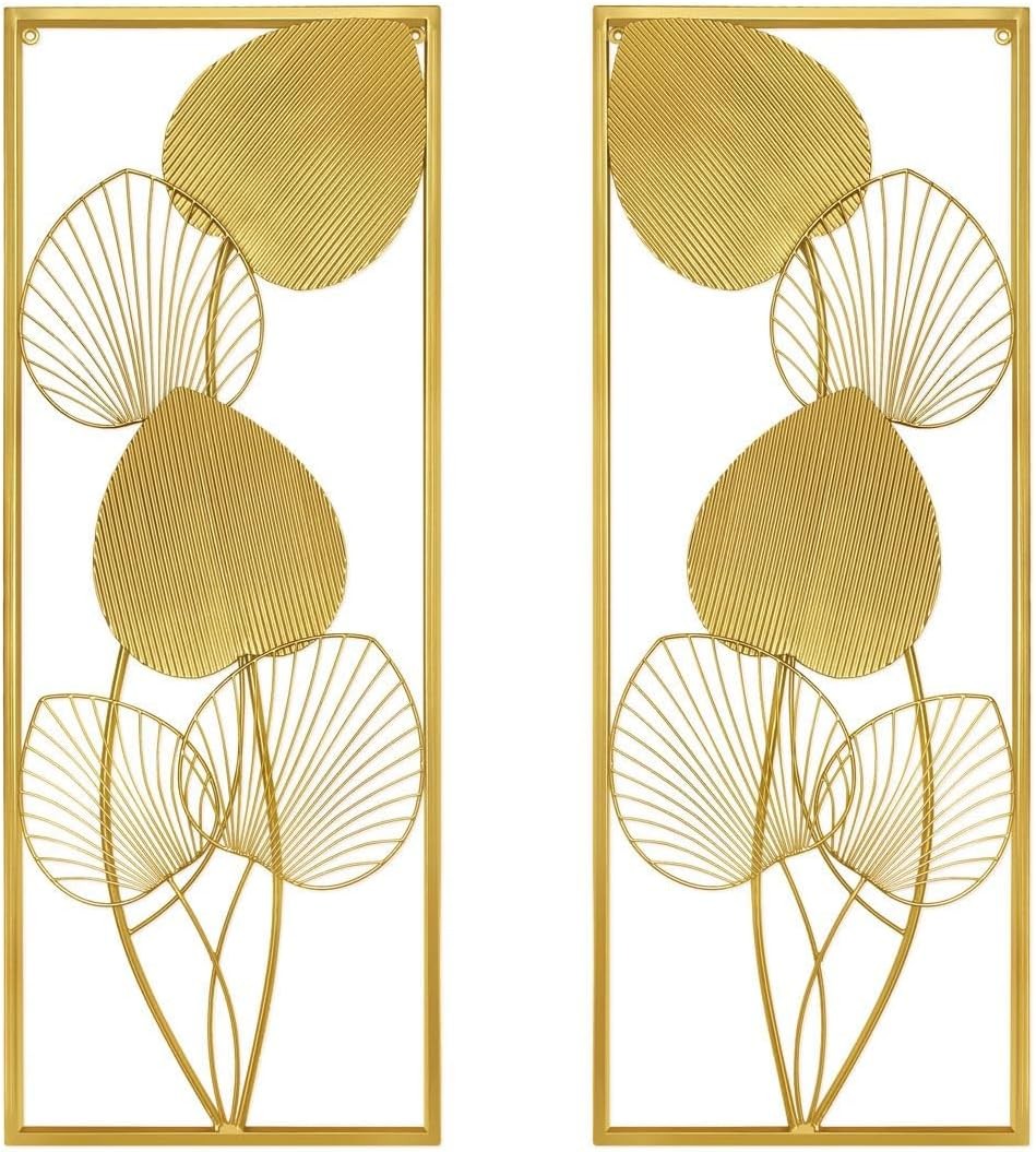 2Pcs Gold Metal Leaf Wall Art 32x12in Framed Panels