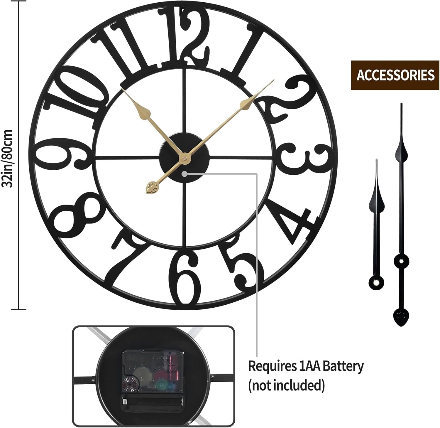 80cm Silent Black Arabic Wall Clock Large Metal Vintage Non Ticking Home