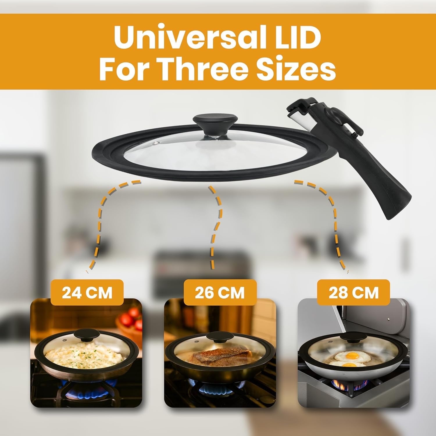 3pcs Stainless Steel Frying Pan Set 24 26 28 cm with Lid & Detachable Handle