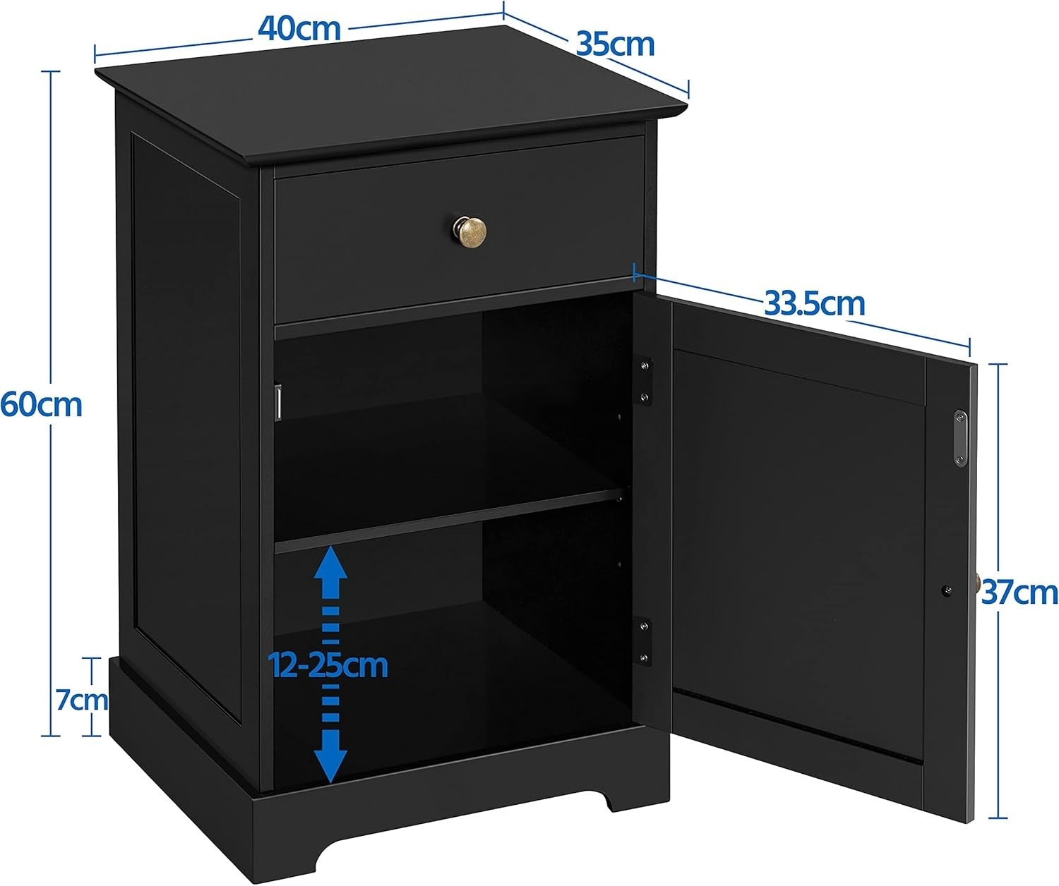 Black Wooden Bedside Tables Set of 2 with Drawer & Cupboard – Modern Nightstands