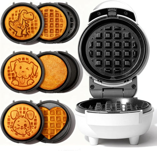 6-in-1 Mini Waffle Maker 4.5'' Removable Plates Ceramic Coating White