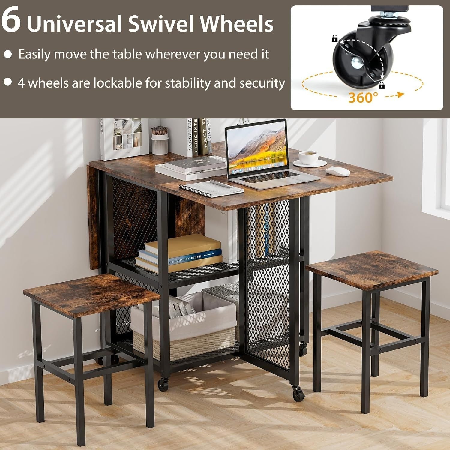 Space-Saving Folding Dining Table & Stools Set with Storage Shelves 120cm