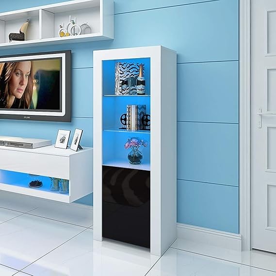 Tall LED Display Cabinet Cupboard with Glass Shelves & Storage Unit – Black