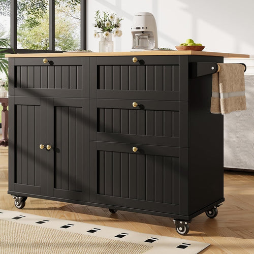 Kitchen Island on Wheels with Drawers & Flip Cabinet, 133cm Black Unit