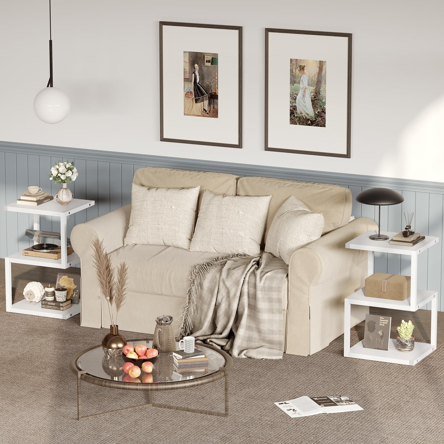 3-Tier S-Shape Side Table with Storage | White Nightstand 40x30x75cm