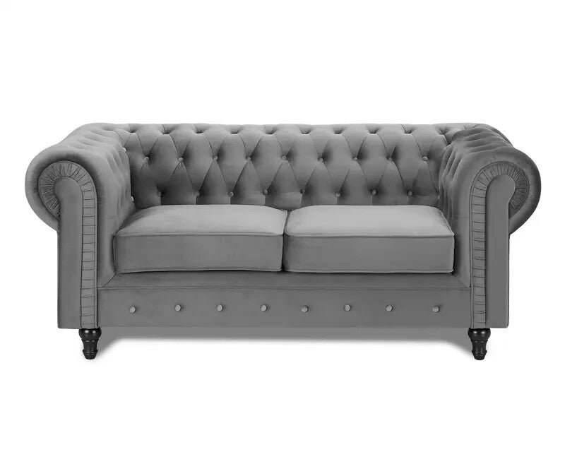 Grey Chesterfield Velvet 2 Seater Sofa Tufted Scroll Arm Classic Couch