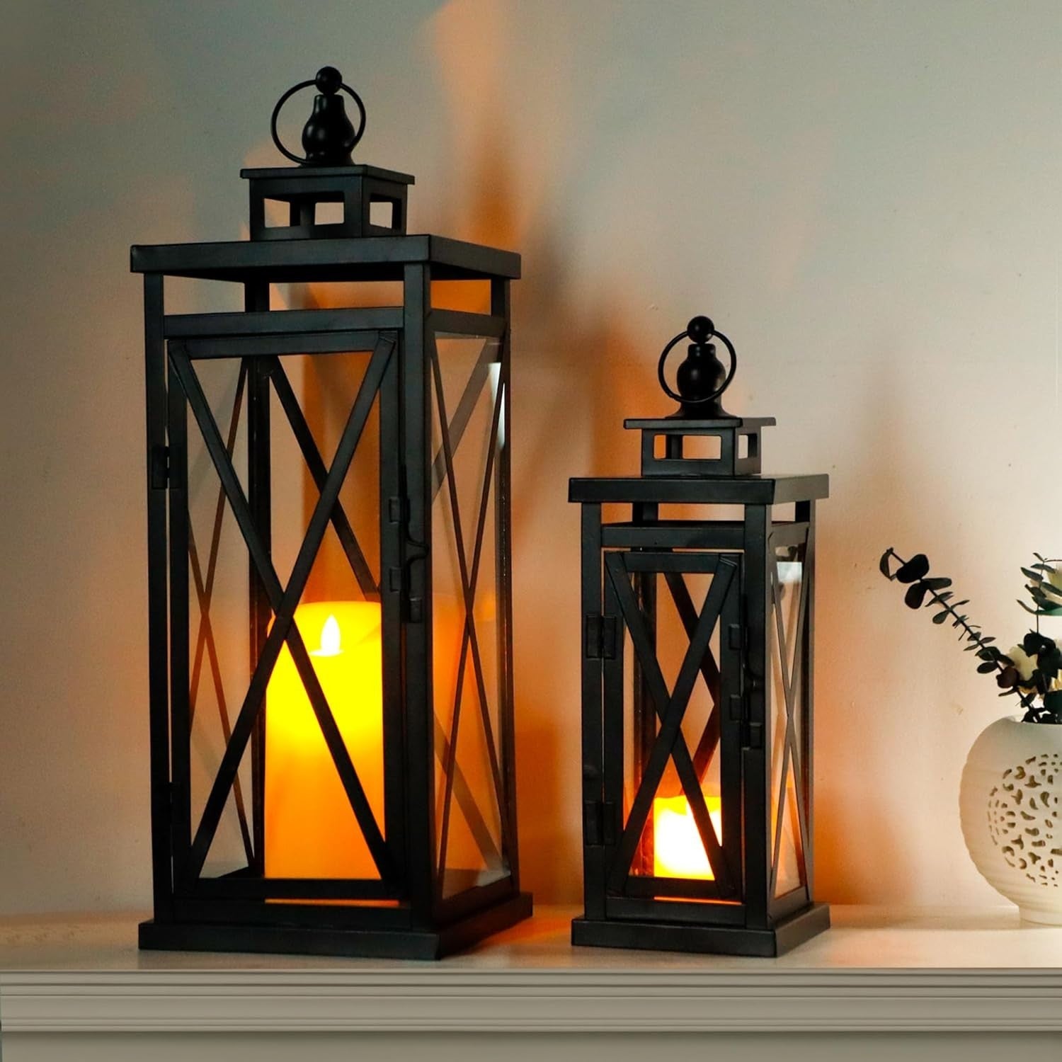 Set of 2 Black Metal Candle Lanterns Home Garden Decor