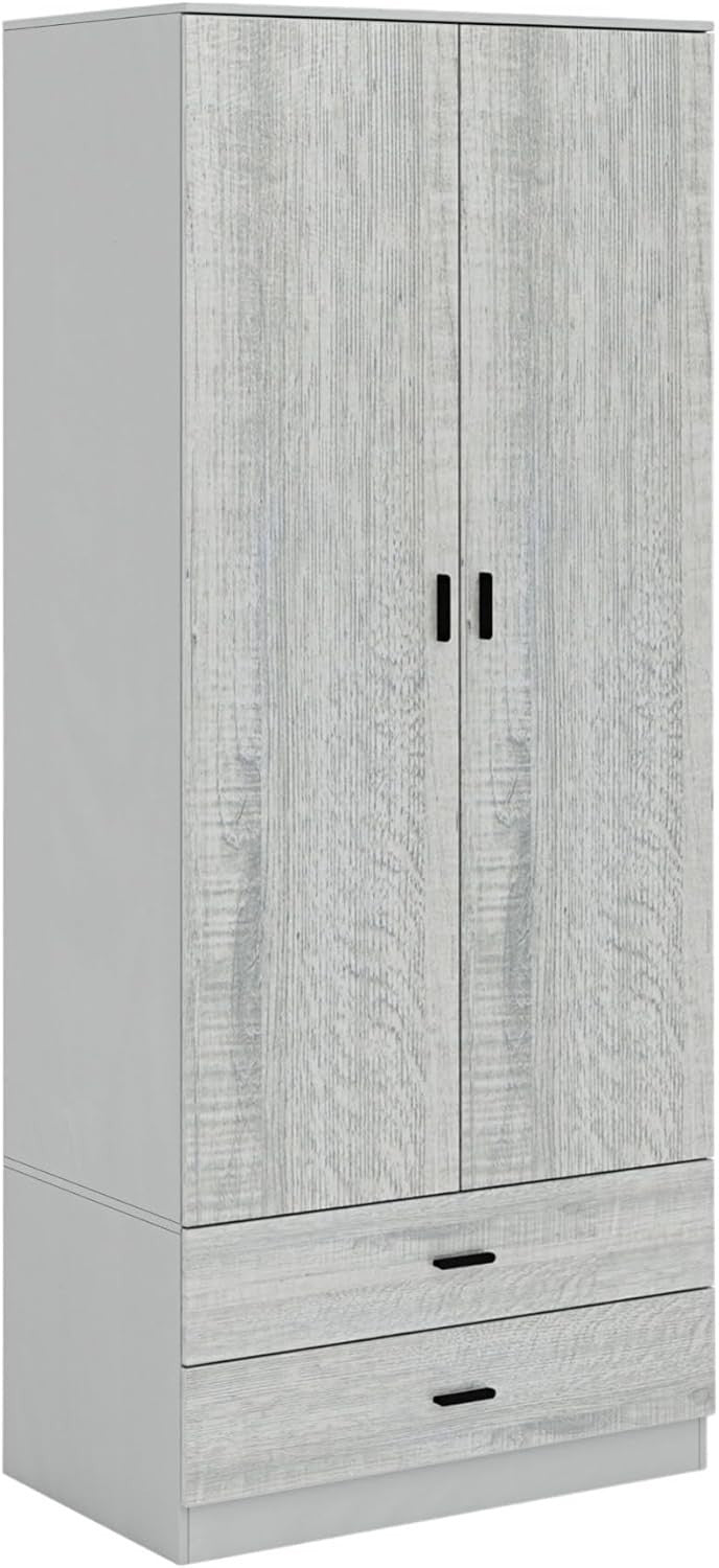 Grey 2 Door Wardrobe With Drawers & Rail | Tall Bedroom Storage Unit