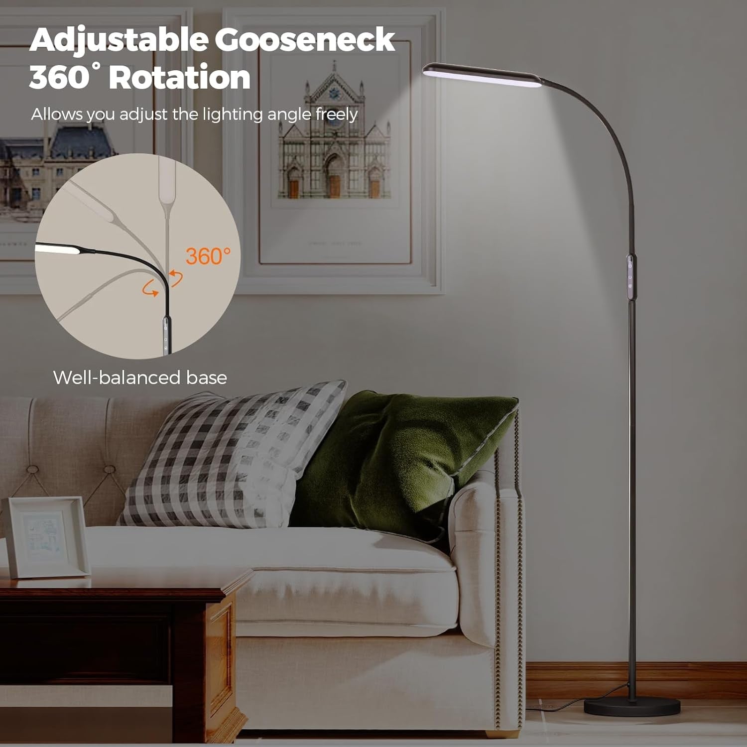 LED Floor Lamp Reading Light Touch Dimmable Gooseneck Adjustable Standing Lamp