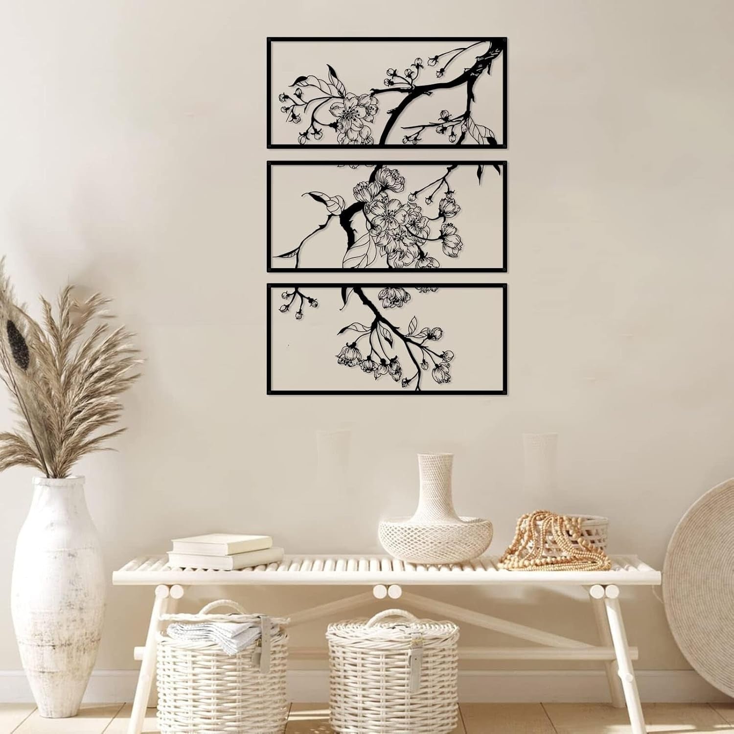 Metal Flower Wall Art Set 3pcs Large Black Floral Line Decor Modern Wall Hanging