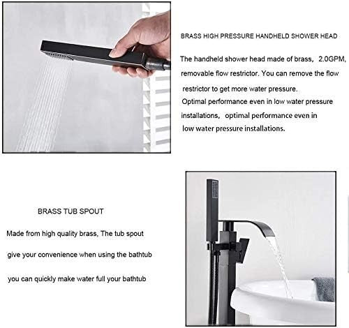 Black Freestanding Bath Mixer Tap with Handheld Shower Head Brass Floor Mount