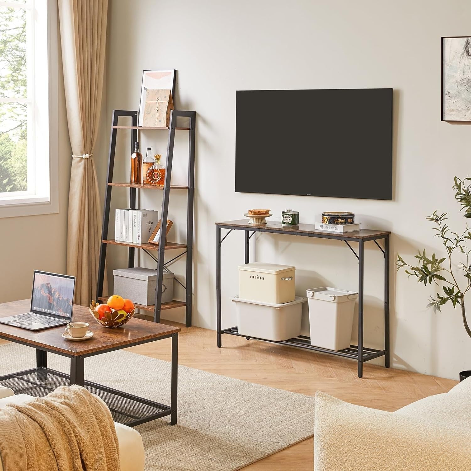Rustic Brown Slim Console Table 107cm Metal Frame Sofa Hallway Table