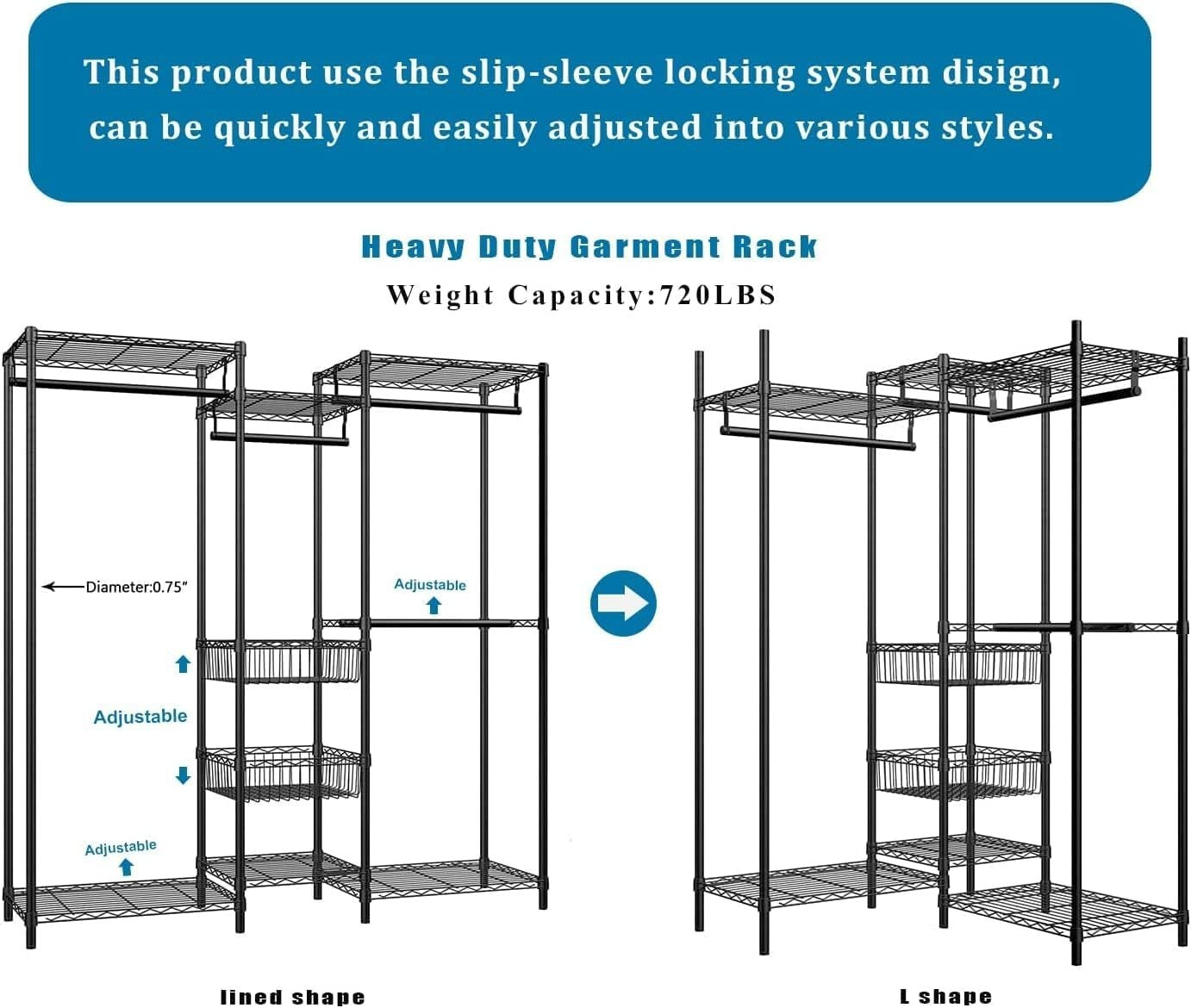 Heavy Duty Clothes Rail with Shelves & Baskets Black 320kg