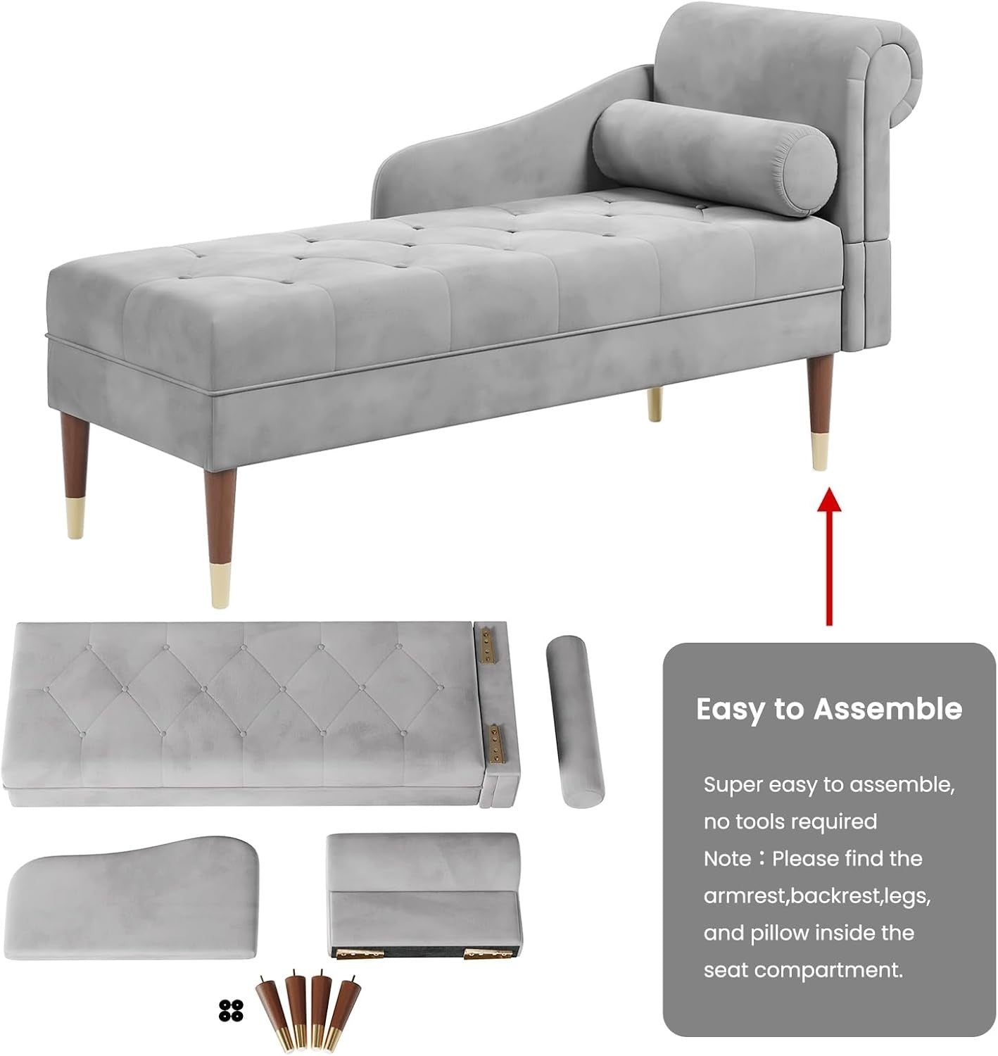 Luxury Grey Velvet Chaise Lounge Sofa Right Armrest – Space-Saving & Comfy