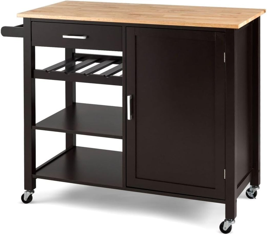 Mobile Kitchen Island Cart with Oak Top, Adjustable Shelves, Wine & Towel Rack