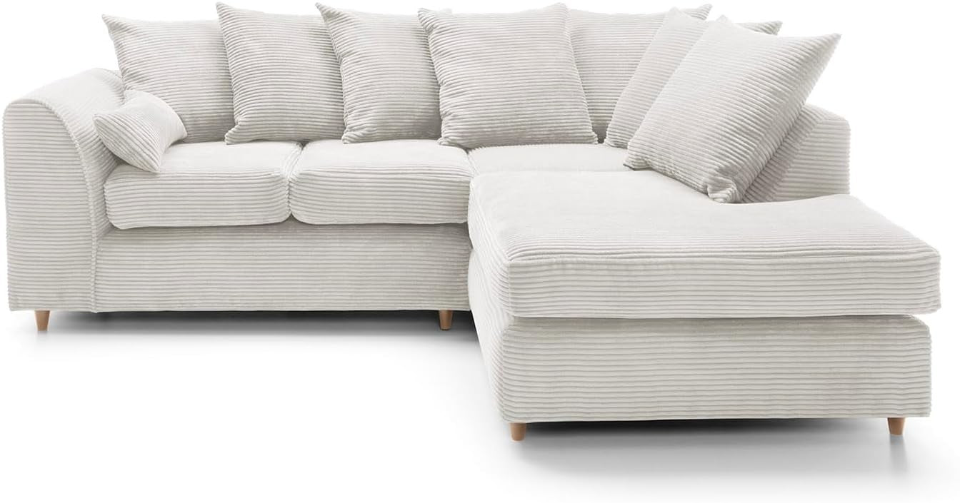 White Jumbo Cord Right Hand L Shaped Sofa | Deep Cushions | Durable Wood Frame