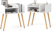 Set of 2 White Wooden Bedside Tables with Shelves & Natural Wood Legs – Modern