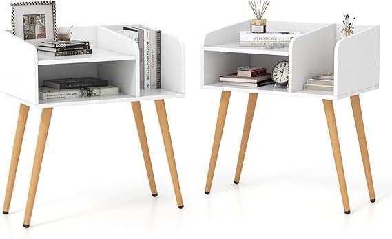 Set of 2 White Wooden Bedside Tables with Shelves & Natural Wood Legs – Modern
