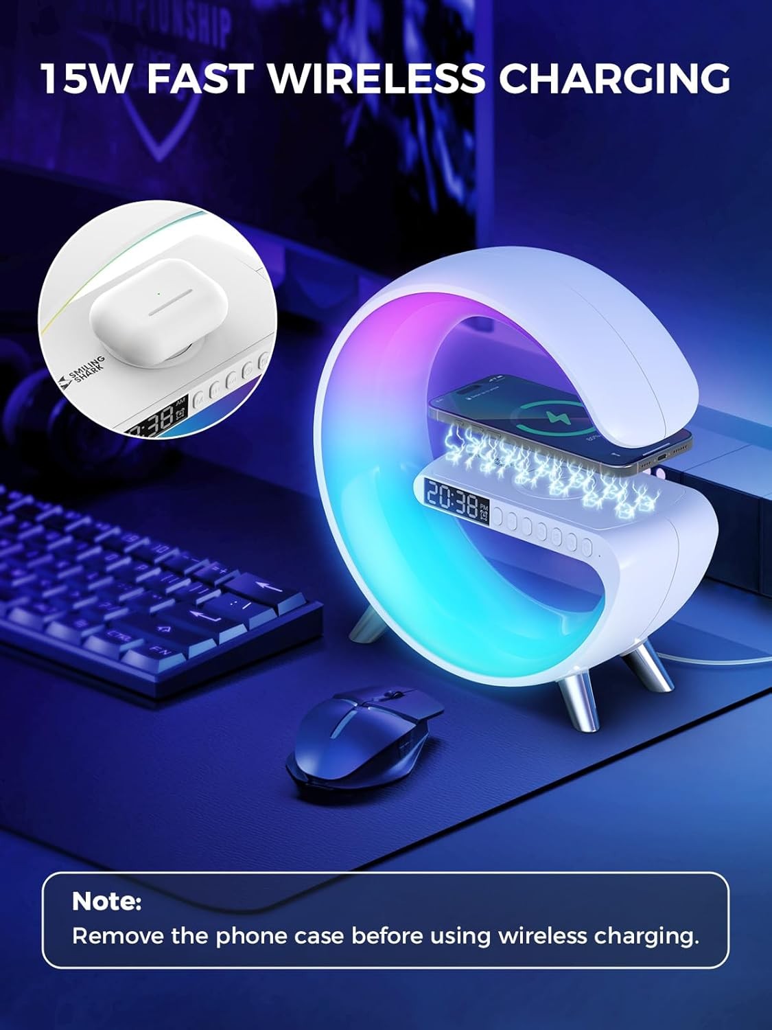 White RGB G-Shape Sunrise Wake Up Light Alarm Bluetooth Speaker Wireless Charger