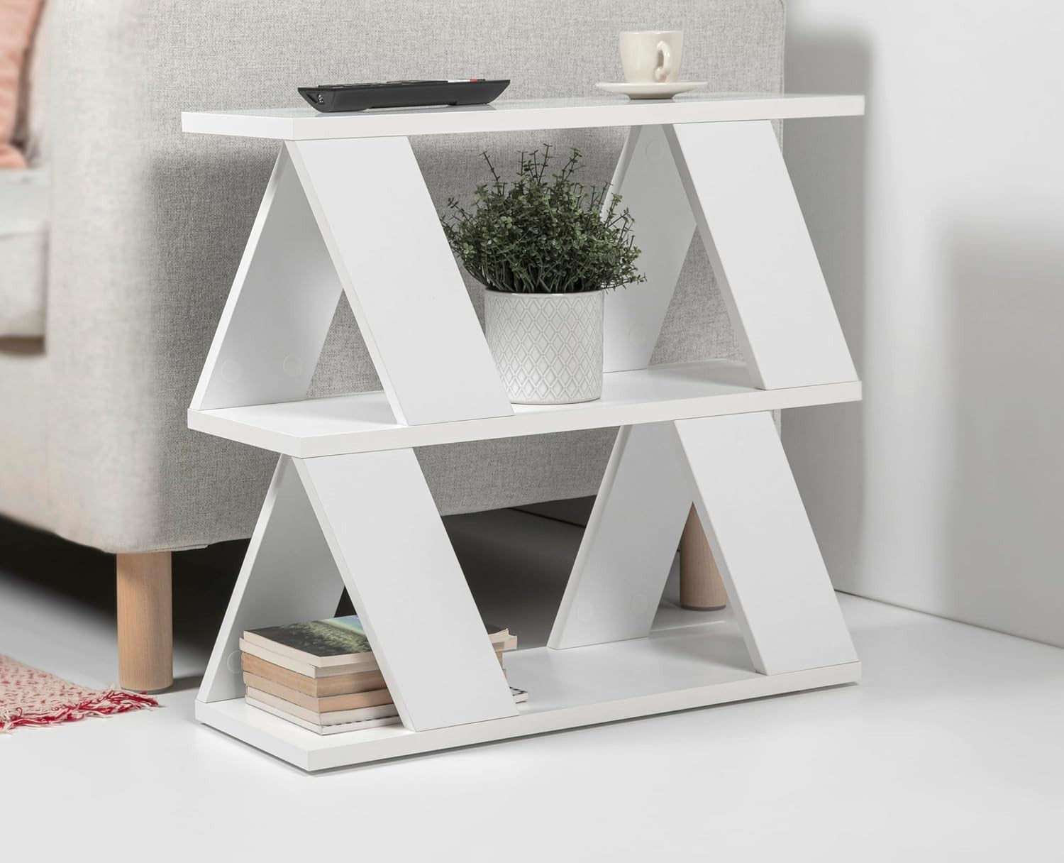 White Slim Side Table with Storage | 2 Tier Narrow Shelf Unit 60cm