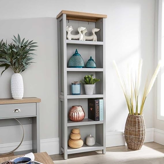 Modern Tall Bookcase with 5 Shelves & Drawer – Oak & Grey Storage Unit