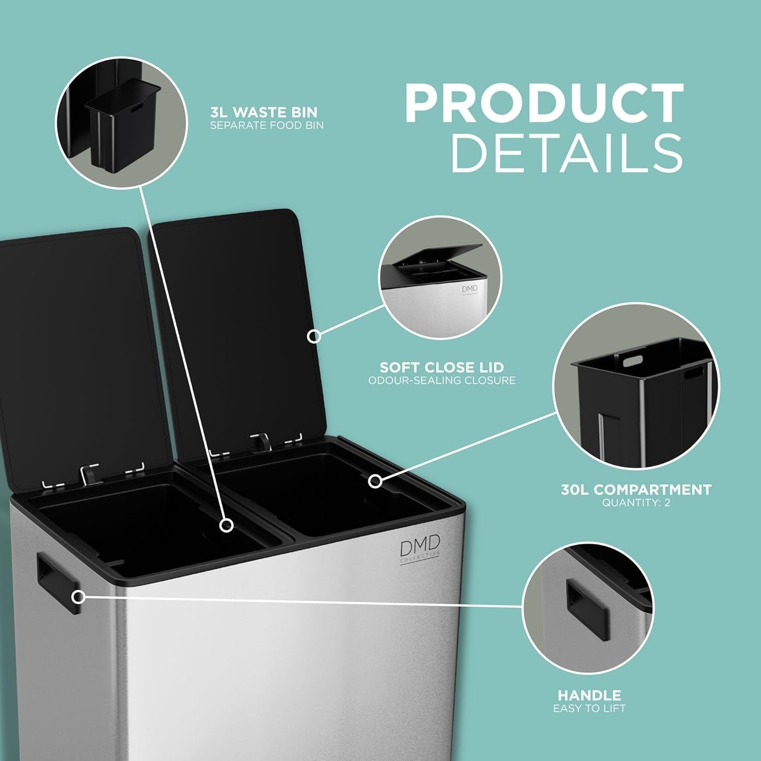 60L Stainless Steel Recycling Bin 2x30L + 3L Compost Pedal