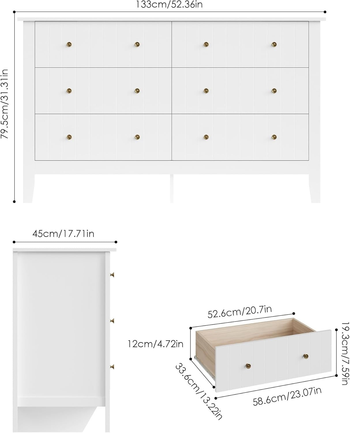 White 6 Drawer Chest Sideboard Wooden Storage Cabinet Bedroom Organizer