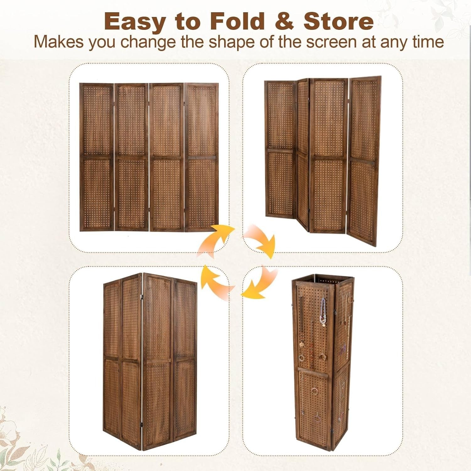 4 Panel Wooden Room Divider Folding Privacy Screen Pegboard Partition 160x170cm