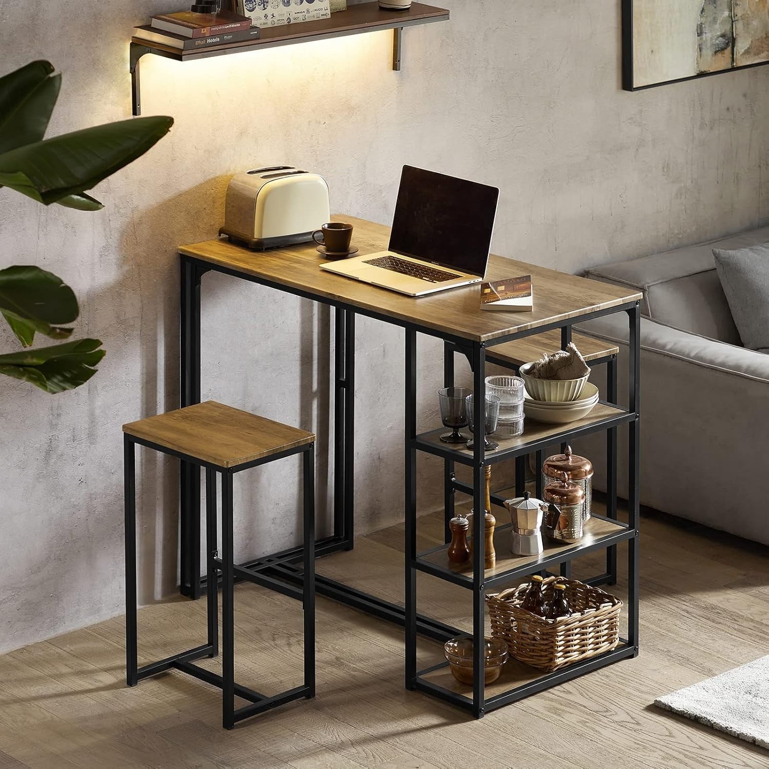 3 Piece Breakfast Bar Table Set with Shelves & 2 High Stools Dining Kitchen