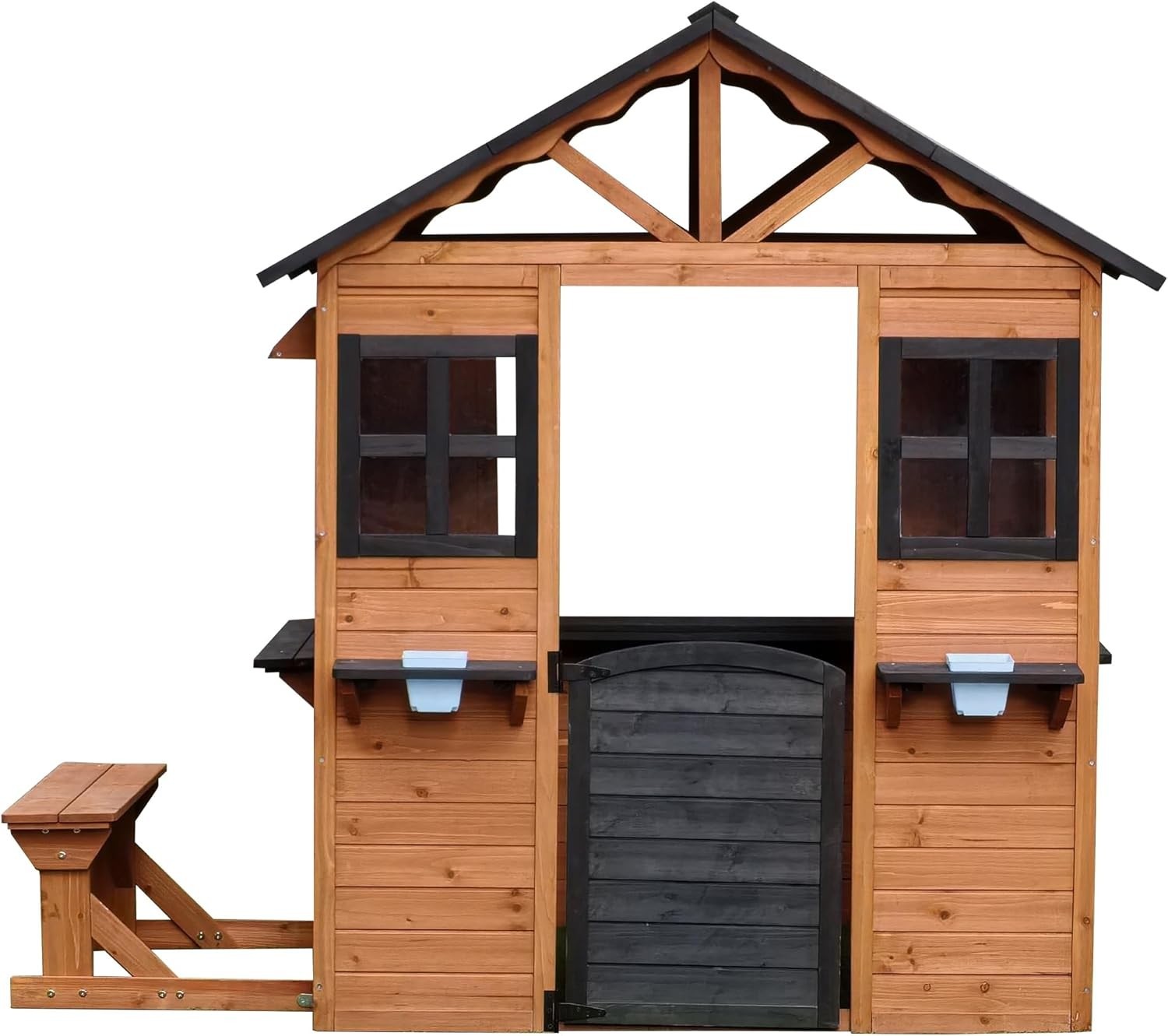 Large Wooden Kids Playhouse Outdoor Garden w Bench Door Windows