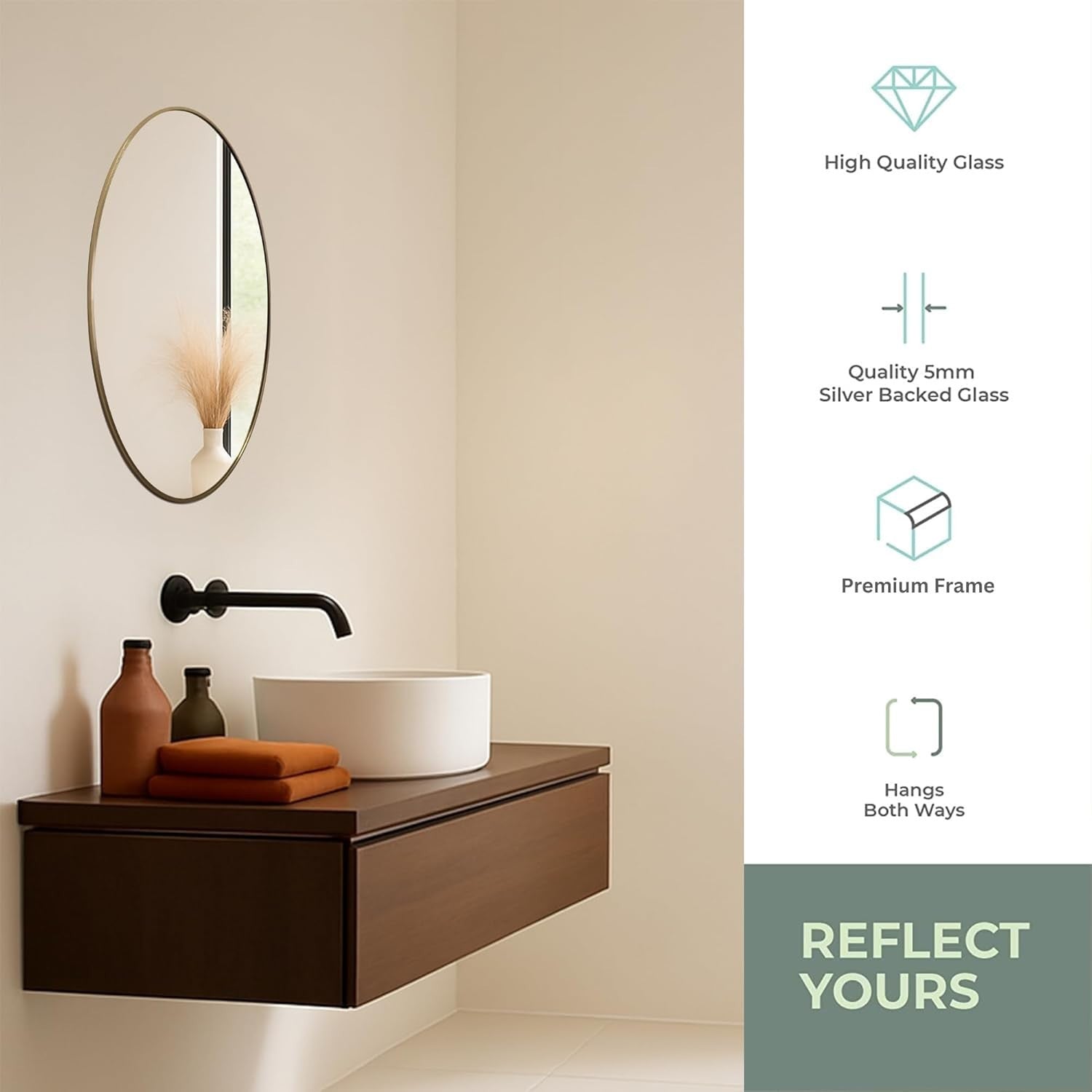 Stylish Oval Gold Bathroom Mirror 70x50 cm, Modern Framed Wall Mount