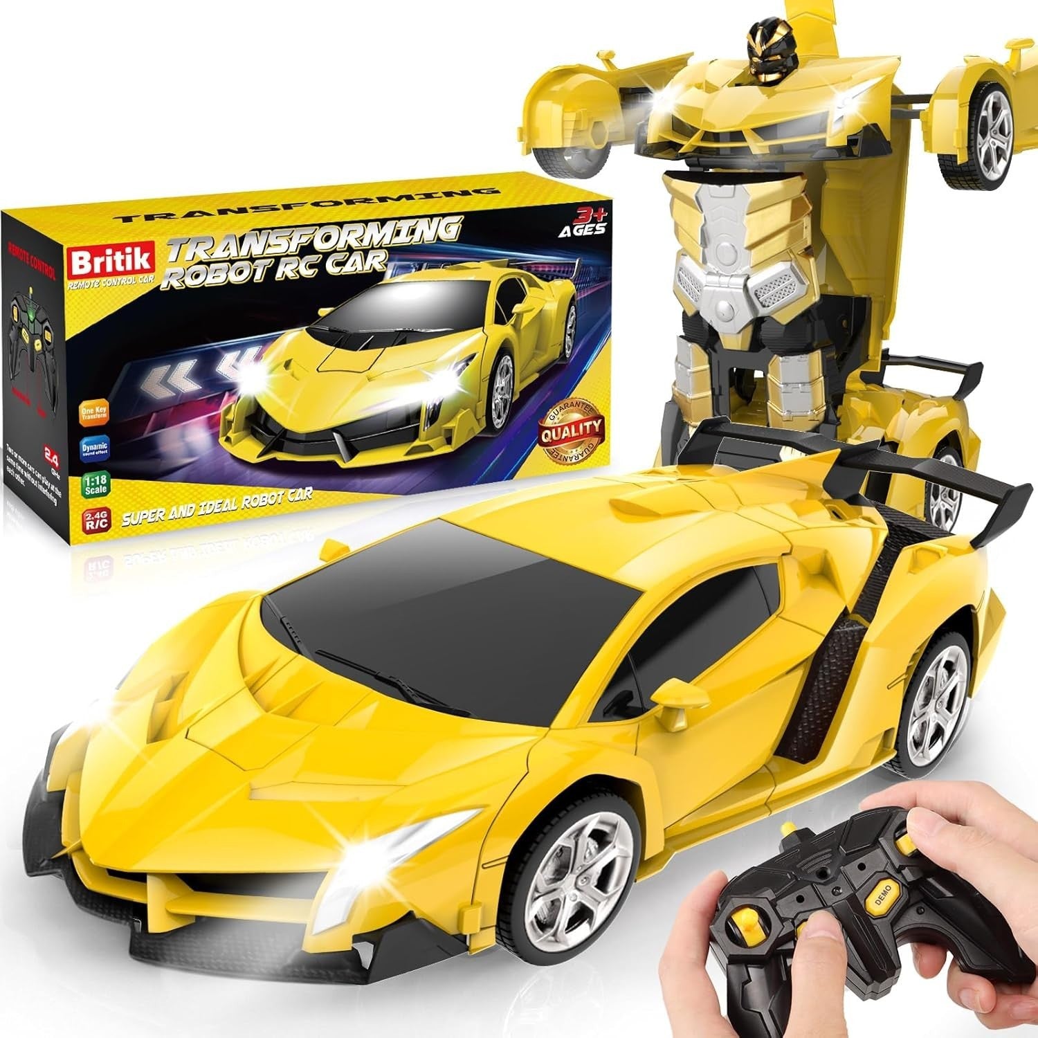 2-in-1 Yellow RC Transforming Robot Car 360° Spin Remote Control Toy for Kids