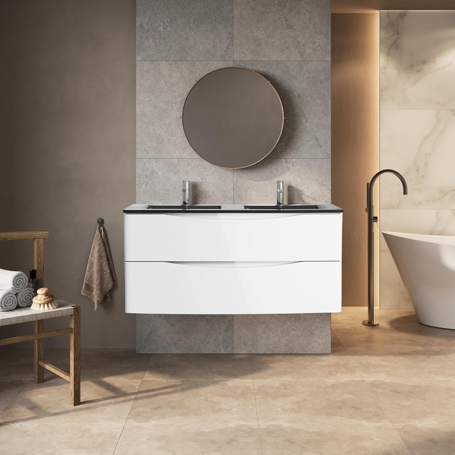 1200mm Wall Hung Vanity Unit White Gloss with Double Grey Glass Basin
