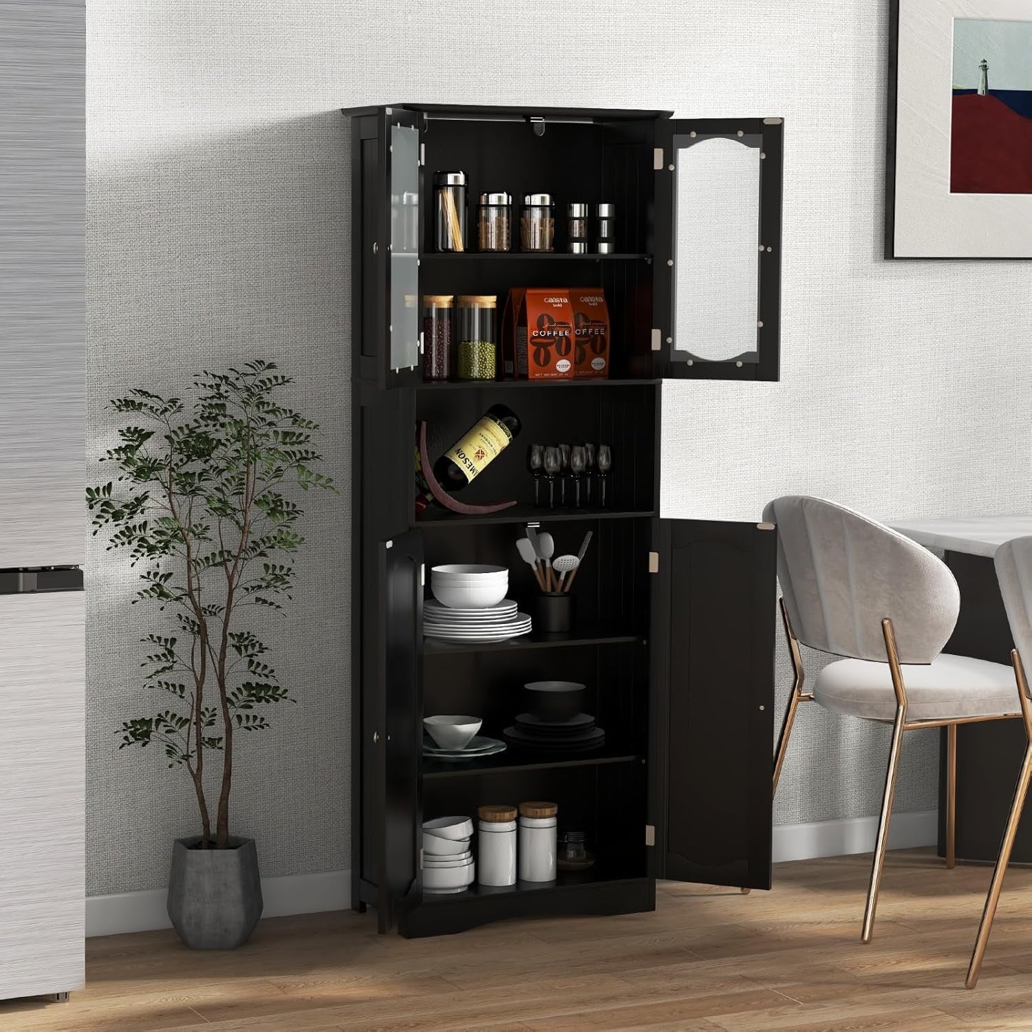 Black Wooden Tall Bathroom Cabinet with Glass Doors Adjustable Shelves