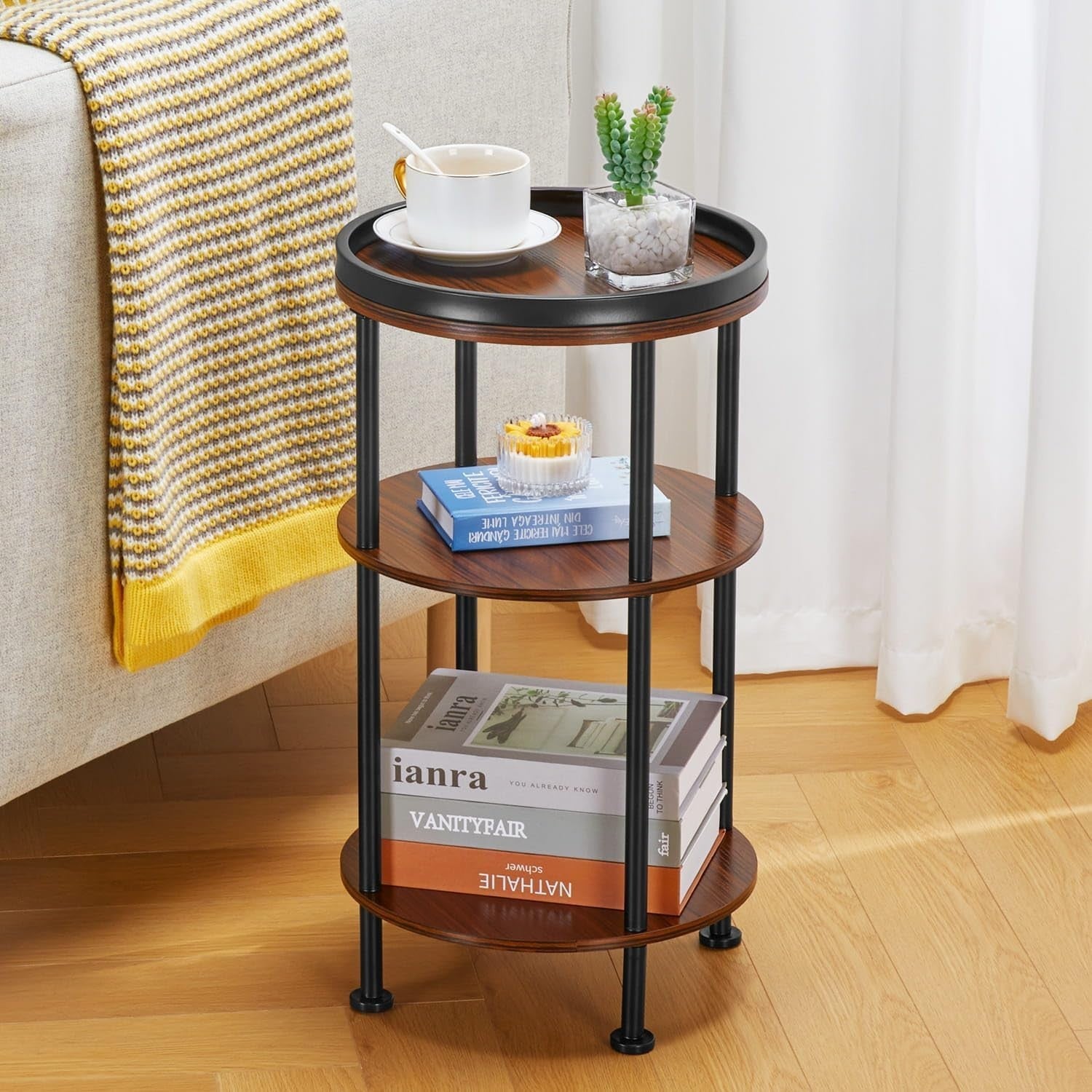 3 Tier Round Side Table with Storage Shelf Metal Frame Small Space Cherry 30x55