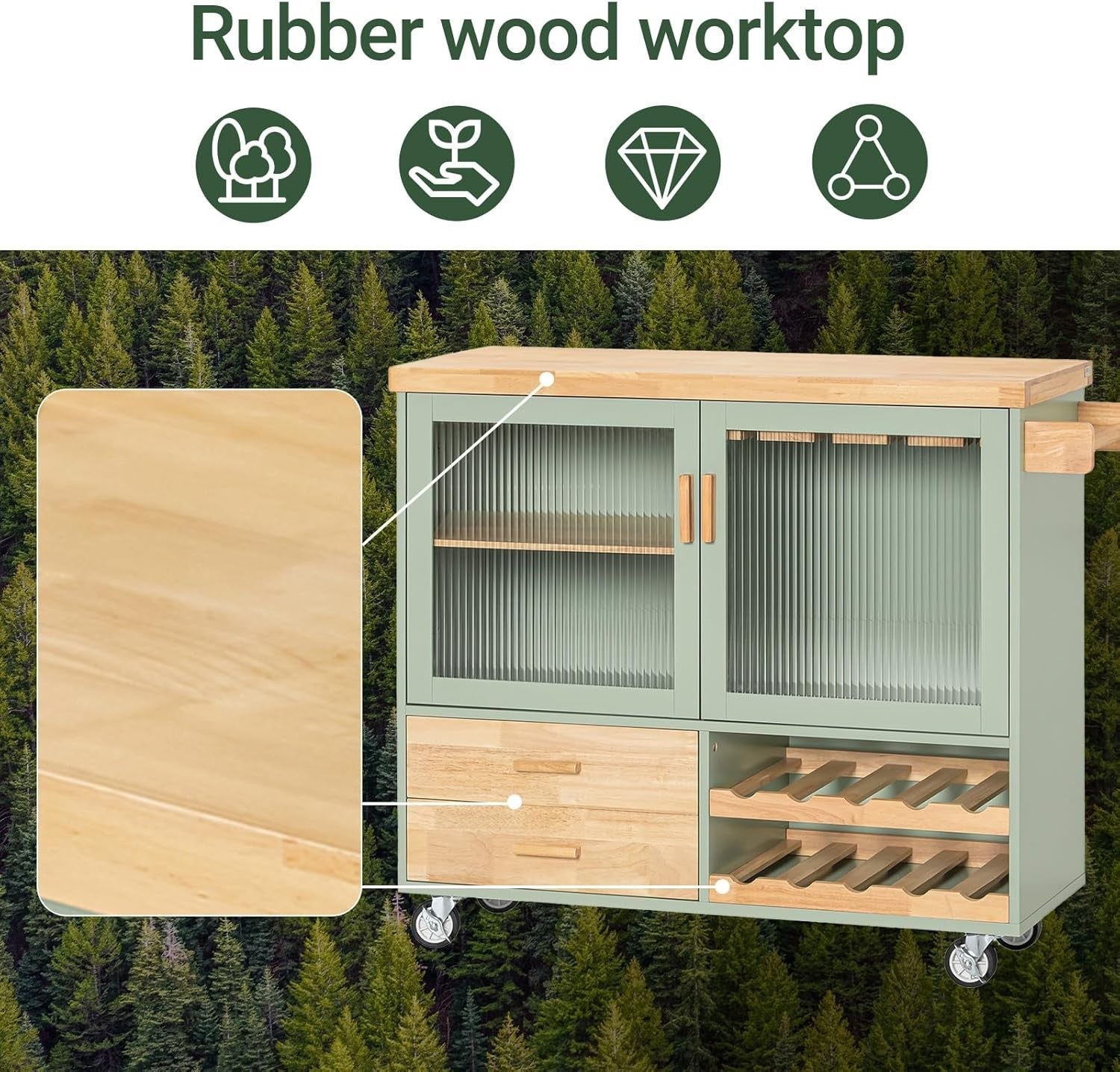 Mobile Kitchen Island Trolley with Glass Doors & Wine Rack Green 109x40cm