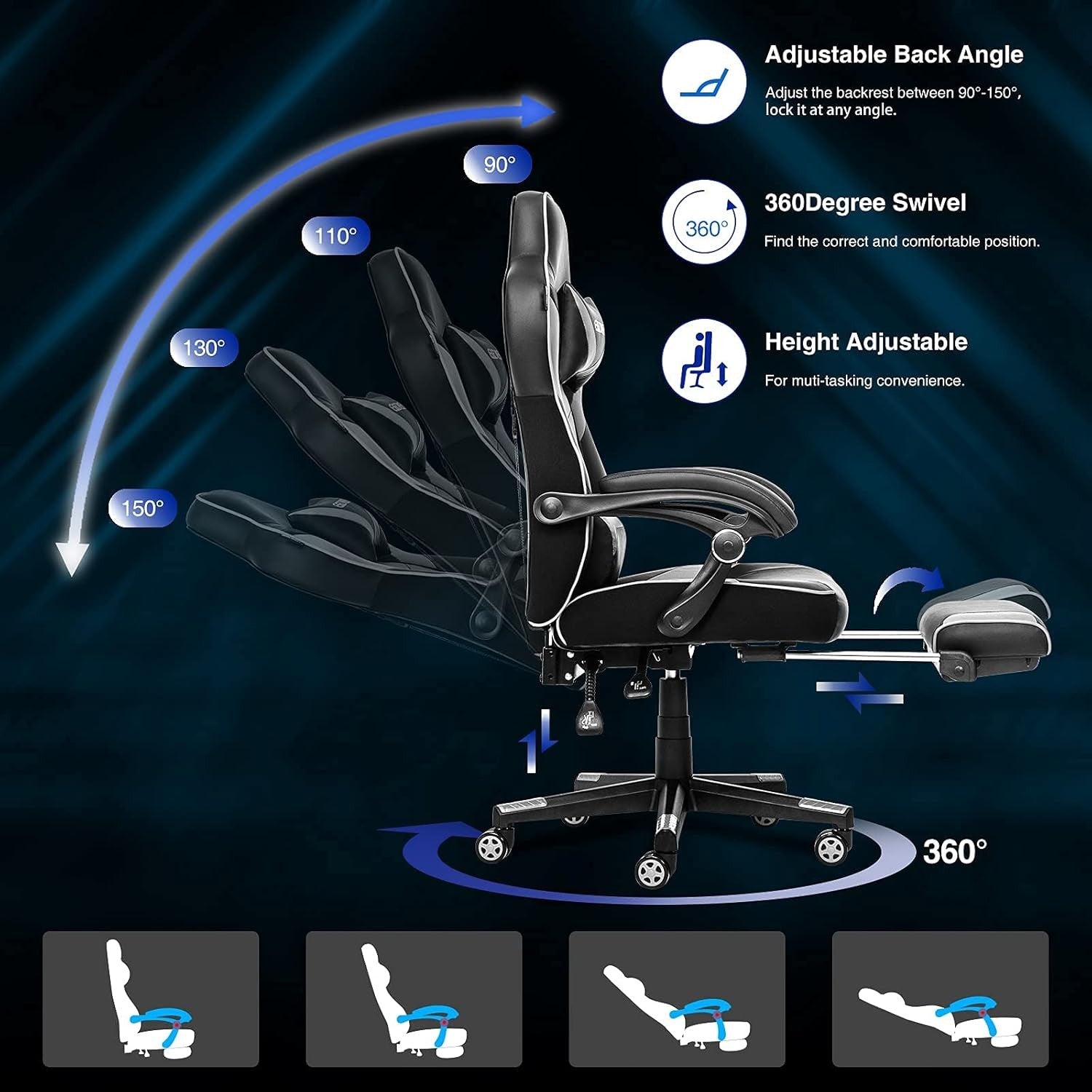 Gaming Chair w/ Footrest Reclining PU Leather White