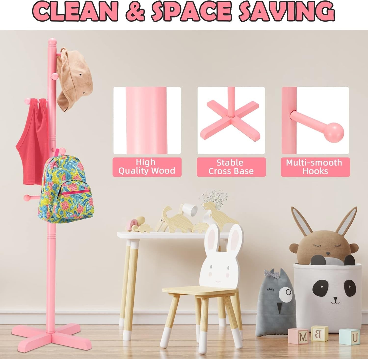 Kids Freestanding Pink Coat Rack | 8 Hooks Adjustable Wooden Tree Stand