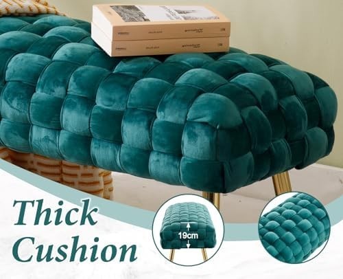 Velvet Ottoman Bench with Gold Metal Legs, Green Upholstered Entryway Seat