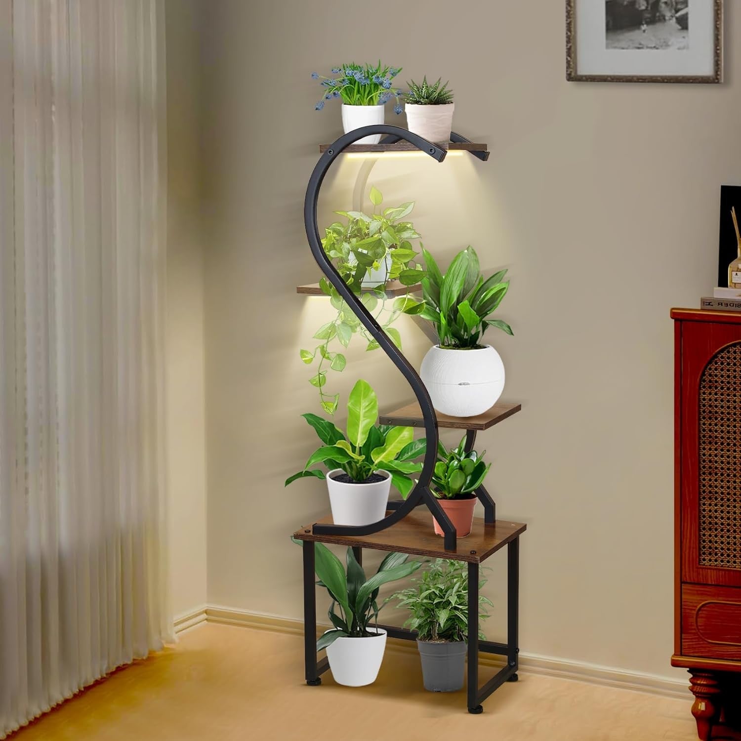 4 Tier Metal Plant Stand with Grow Lights Indoor S Shape Shelf for Living Room