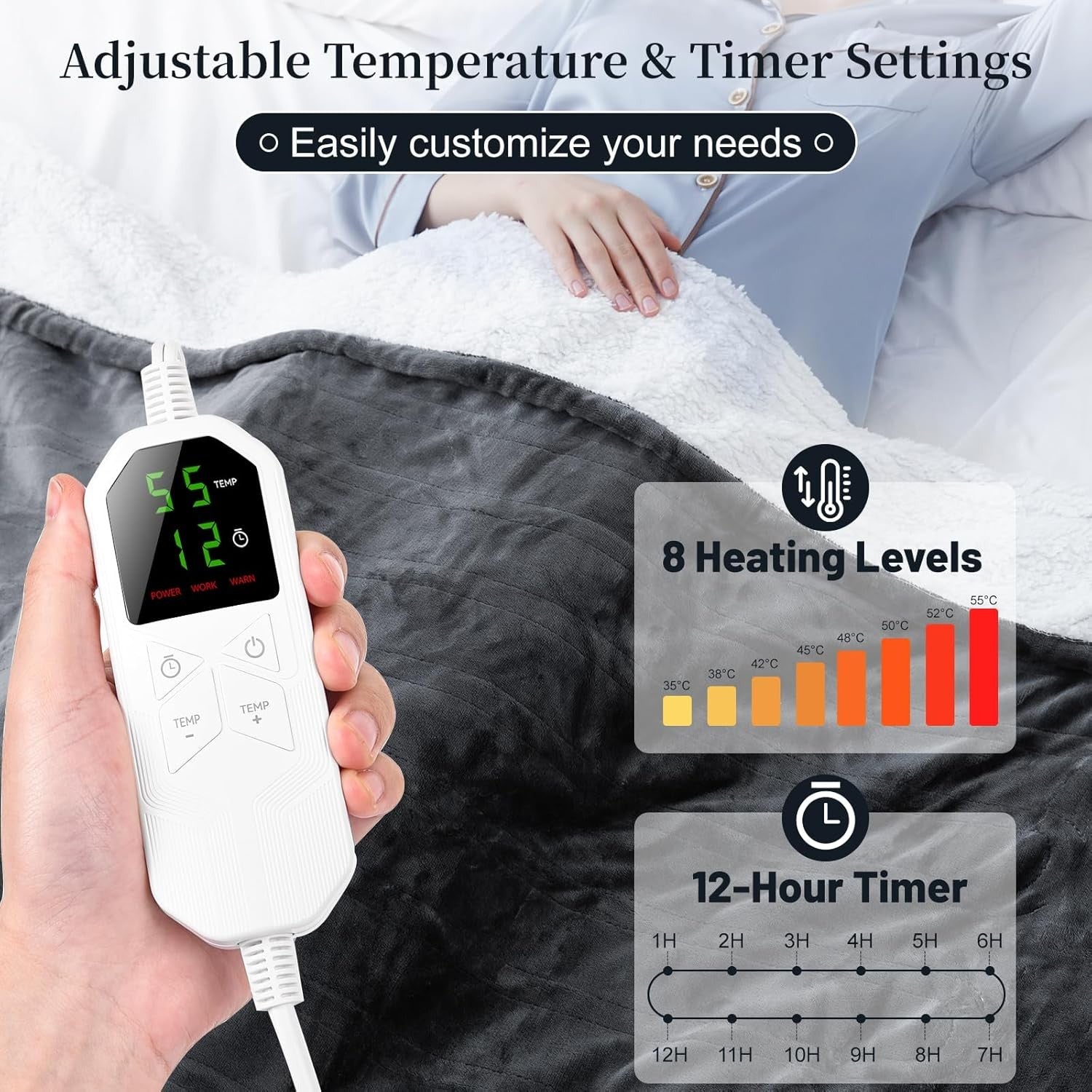 Electric Heated Throw Blanket 180x130cm 8 Heat Levels 12H Timer LED