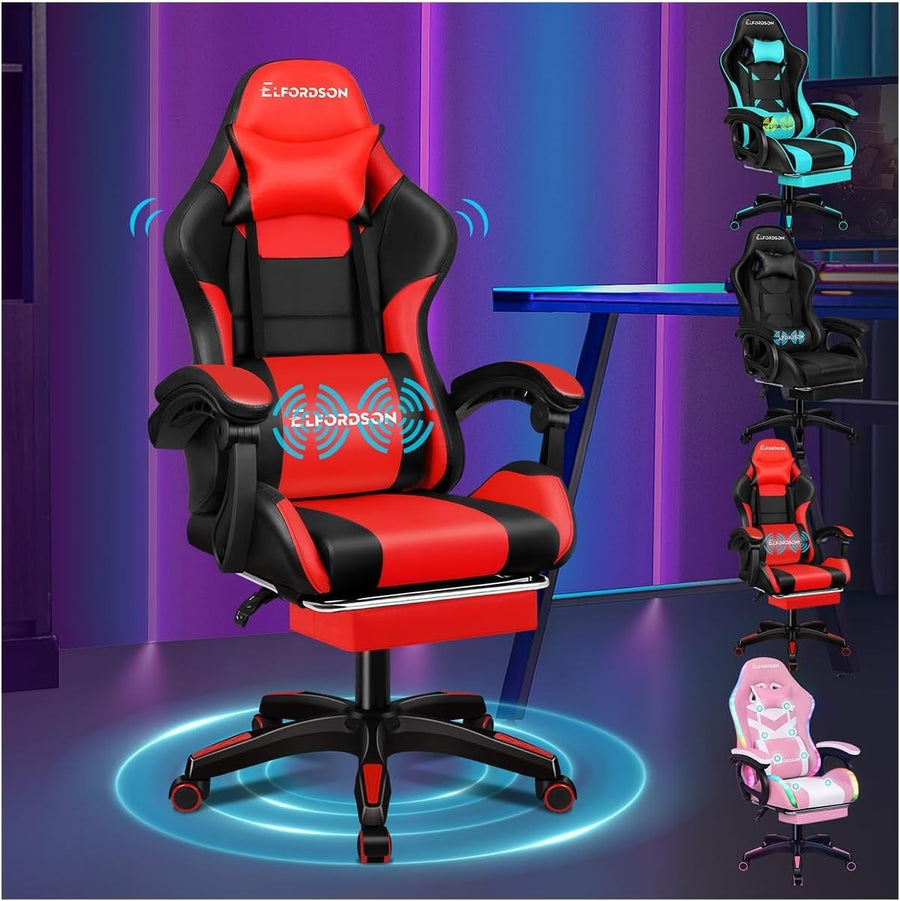 Red Gaming Chair XL Massage Lumbar Footrest Ergonomic High Back PU Leather