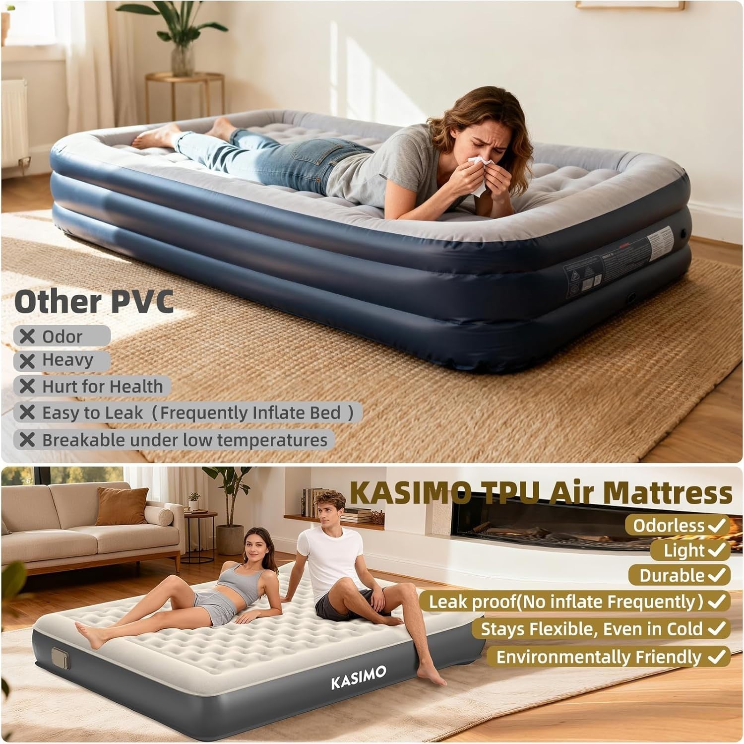 Double Inflatable Air Mattress with Built-In Battery Pump & Pillow – Portable
