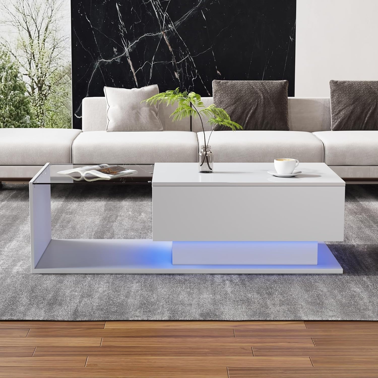 LED High Gloss Coffee Table with Drawer & Storage, Modern Glass Center Table