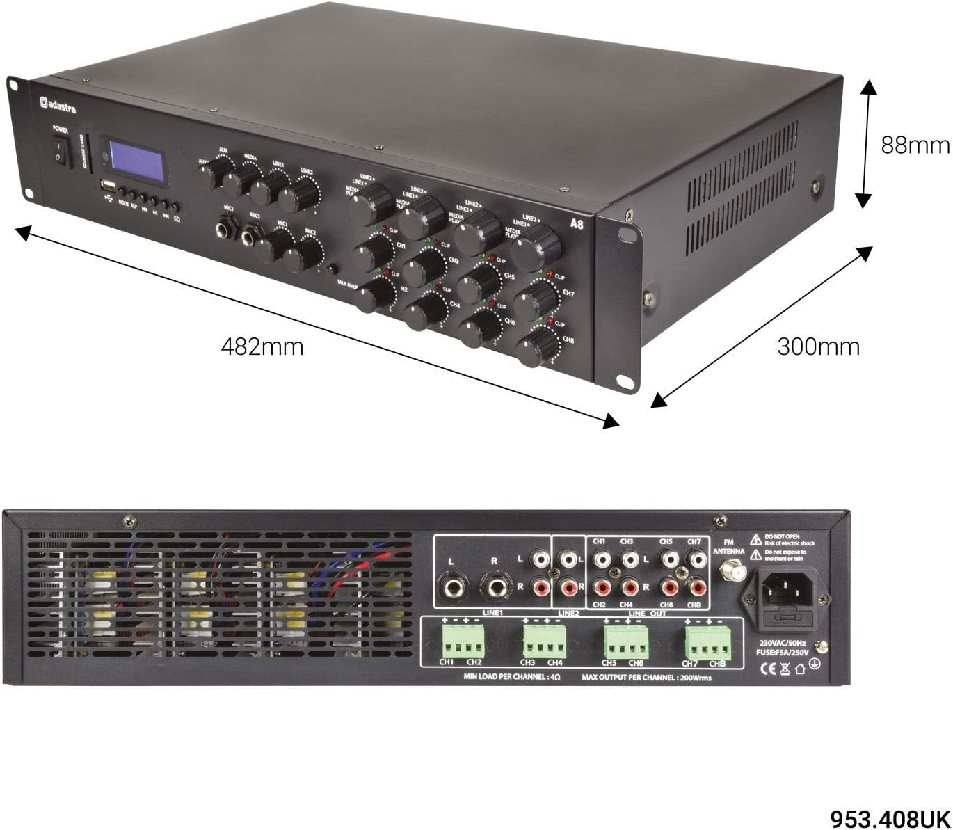 4-Channel Multi-Zone Stereo Amplifier 8x200W Bluetooth FM USB SD