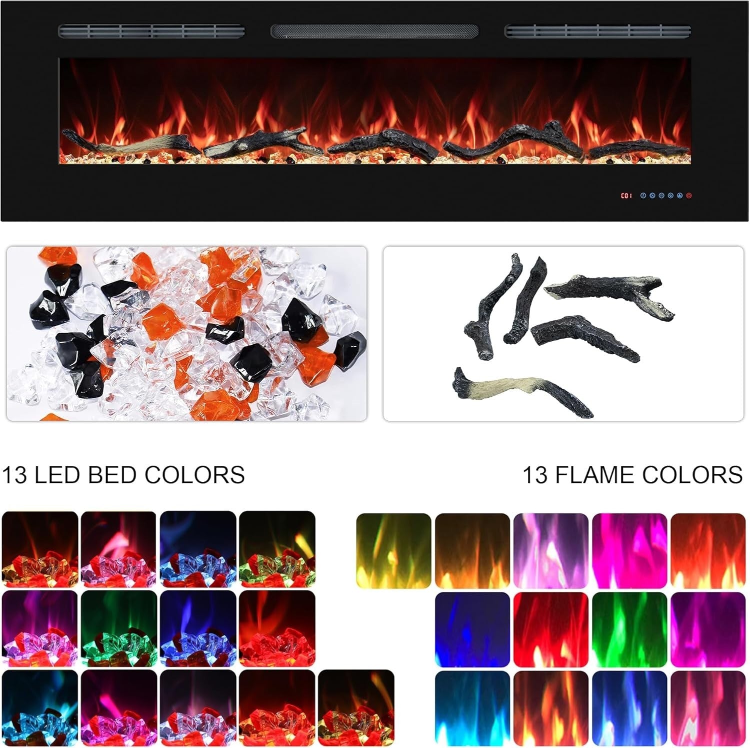 39” Electric Wall Mounted Fireplace Heater Remote Touch Multicolor Flame