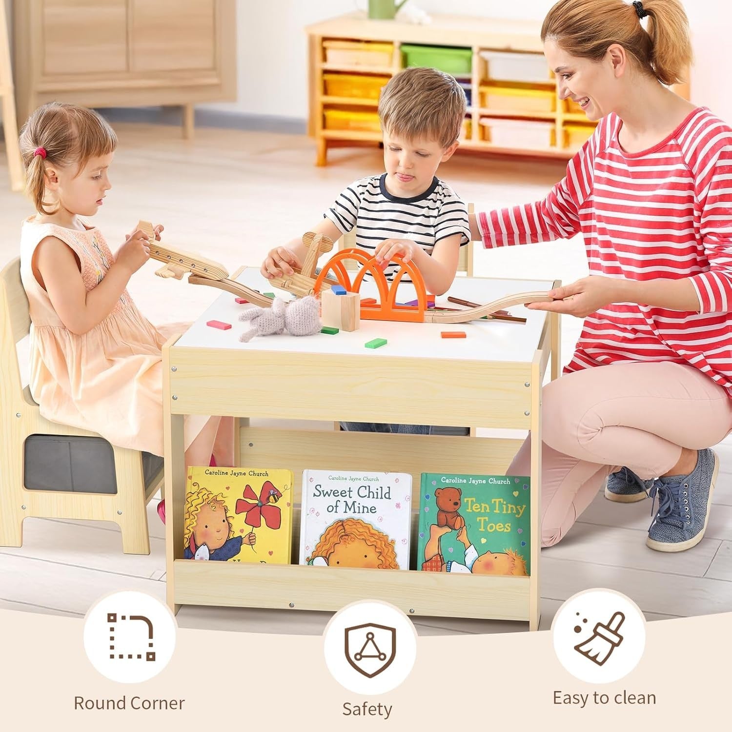 4 in 1 Kids Table and Chairs with Whiteboard Blackboard Storage & Book Rack