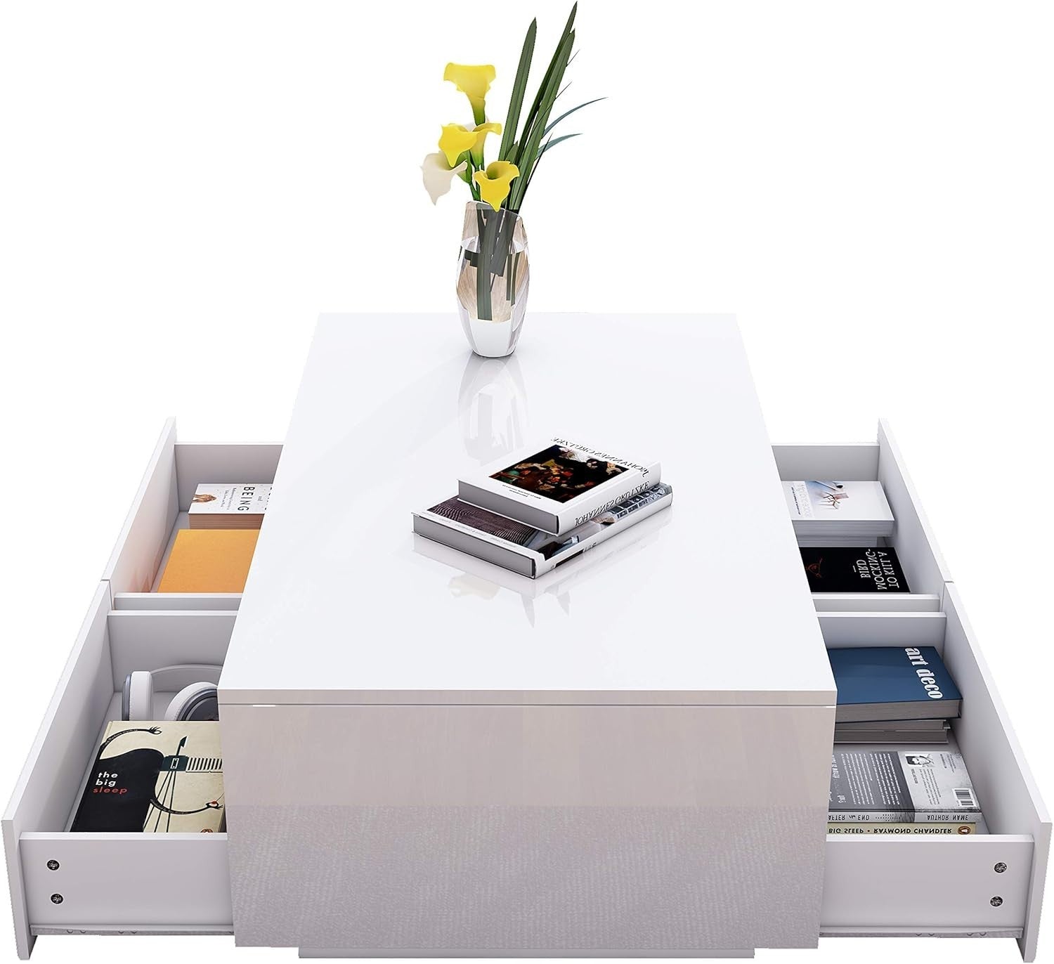 White Gloss Coffee Table with 4 Drawers & LED Lights Modern 85x55x35cm