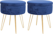 Set of 2 Blue Velvet Storage Footstools Gold Legs Modern Round Pouffes