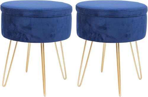 Set of 2 Blue Velvet Storage Footstools Gold Legs Modern Round Pouffes